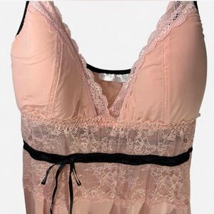 Coquette Babydoll Negligee Lingerie Chemise Pink Lace Black Ribbon Women's LG